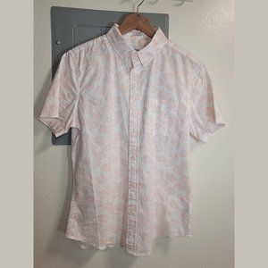 Goodfellow M slim button short sleeve shirt, pink on white floral print, cotton